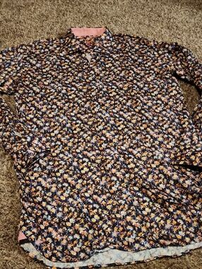 Men's Navy Floral Button-Down Shirt with Peach Accents